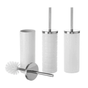 Portascopino Con Scopino In Ceramica Bianca Decorazioni Assortite